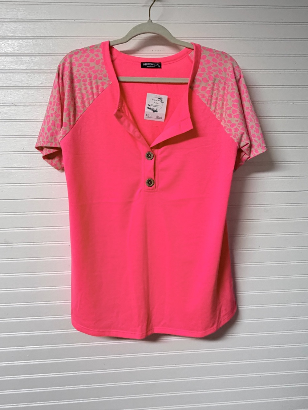 HEIMISH USA Vibrant Pink Henley Tee with Patterned Raglan Sleeves